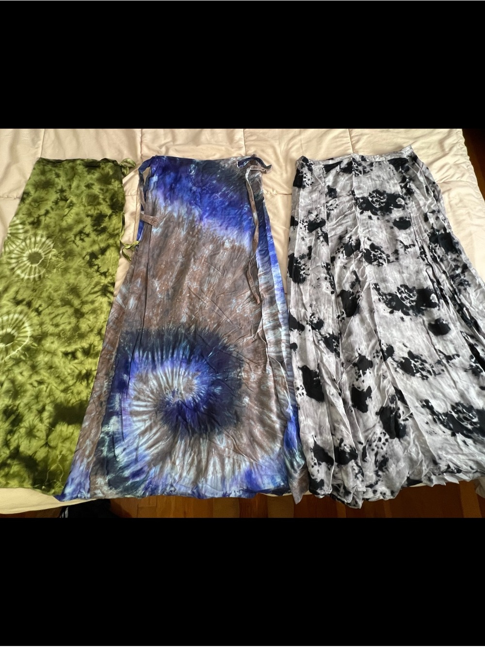 Bundle of 3 Tie-Dye Maxi Wrap Skirts in Green, Blue, and Black